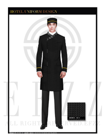 黑色时尚拼图纹加长款酒店行李生制服设计图1099