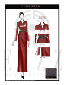 大师手绘时尚酒红色女款酒店民族特色制服设计图179