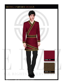 时尚玫红色男款汉服风格酒店中餐厅迎宾服装款式设计图772