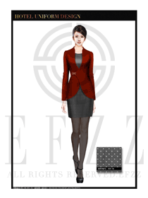 时尚酒红色女款酒店总台大堂服务员服装设计图975