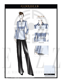 时尚浅蓝色女款西餐服务员服装款式设计图1238