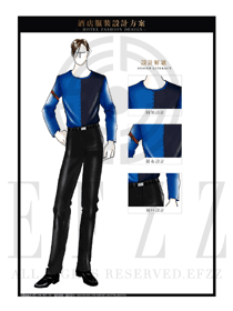 蓝色长袖男款餐饮西餐服务员制服设计图1239