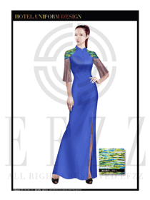 时尚蓝色长裙款中餐迎宾服装款式设计图795