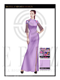 粉紫色旗袍款酒店中餐厅迎宾制服设计图796