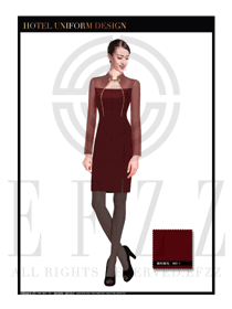 枣红色修身长裙款酒店中餐厅迎宾制服设计图806