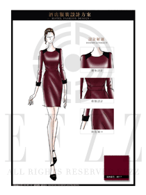 原创手绘枣红色连衣裙款大堂经理制服设计图1030