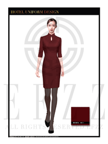 时尚枣红色长裙女款中餐服务员服装款式图1770