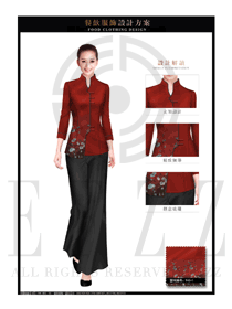 原创制服设计酒红色女款中餐服务员服装款式图1927
