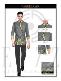 原创制服设计浅灰色男款中餐服务员服装款式图1951
