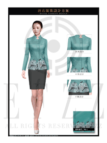原创制服设计浅绿色女款中餐服务员服装款式图1966