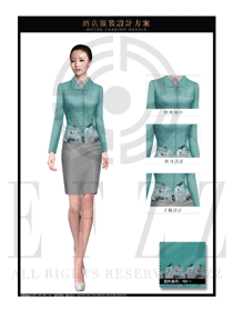 原创制服设计浅绿色女款中餐服务员服装款式图1969