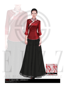时尚红色女款中餐服务员制服设计图1451