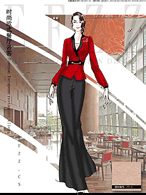 原创制服设计红色女款西餐咨客服装款式图572