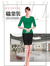 时尚绿色连衣裙款女职业装夏装制服设计图755