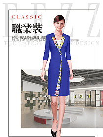 时尚蓝色连衣裙款女职业装夏装制服设计图762