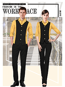 原创制服设计黄色男女款西餐服务员服装款式图1320