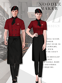 原创制服设计红色短袖男女款厨师服款式图469