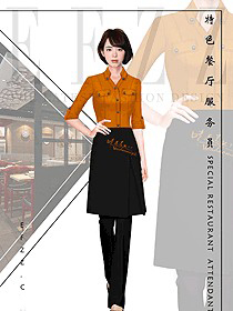 橙色女款快餐厅服务员制服设计图367