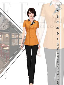 橙色短袖女款快餐厅服务员制服设计图361