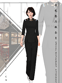 黑色女款快餐厅服务员制服设计图370