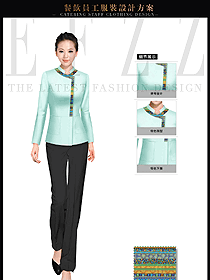 青绿色时尚中餐厅女服务员服装款式图1731