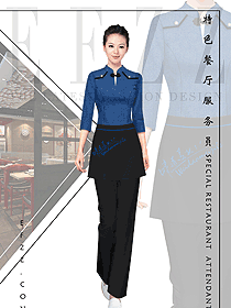 时尚藏蓝色女款快餐厅服装款式设计图372