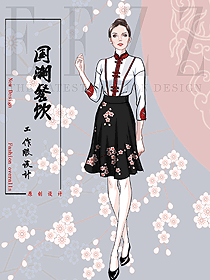 时尚酒店樱花节中式风服务员制服设计图