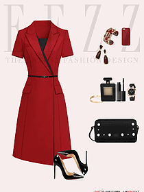 大红色夏季短袖女职场OL连衣裙平面设计图