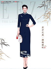 女夏季复古国风中袖长款新中式旗袍设计
