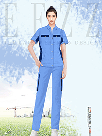 蓝色夏季短袖套装工作制服设计效果图