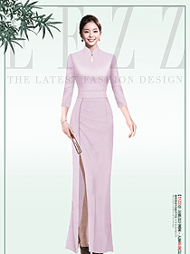 淡紫色高端旗袍女长款中式改良版旗袍