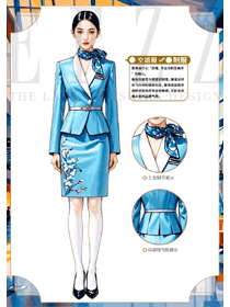 航空地勤蓝色空姐刺绣制服设计效果图