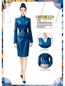 秋冬立领蓝色套装空姐制服手绘设计图
