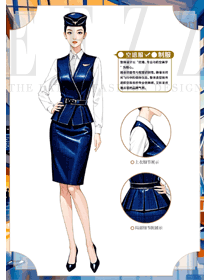 宝蓝色翻领衬衫马夹空姐制服手绘设计效果图