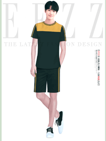 黄黑撞色利落圆领无领校园夏装制服