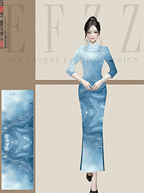 蓝色旗袍酒店迎宾女装新款夏季复古民国风定制设计图
