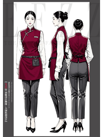 夏季酒店女服务员红色款立领国风制服手绘图