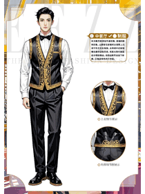 高端酒店服务员黑金色马夹工作服手绘作品