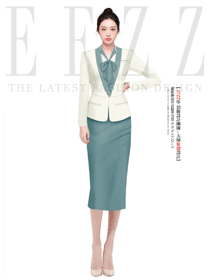 奶白雅致撞色双层领商务西装套裙 社区康养政务服务窗口女装方案