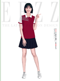 酒红三道杠撞白 Polo 女生百褶裙校服套装