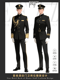 黑金轻奢门卫制服，金色饰带打造酒店大堂高级视觉